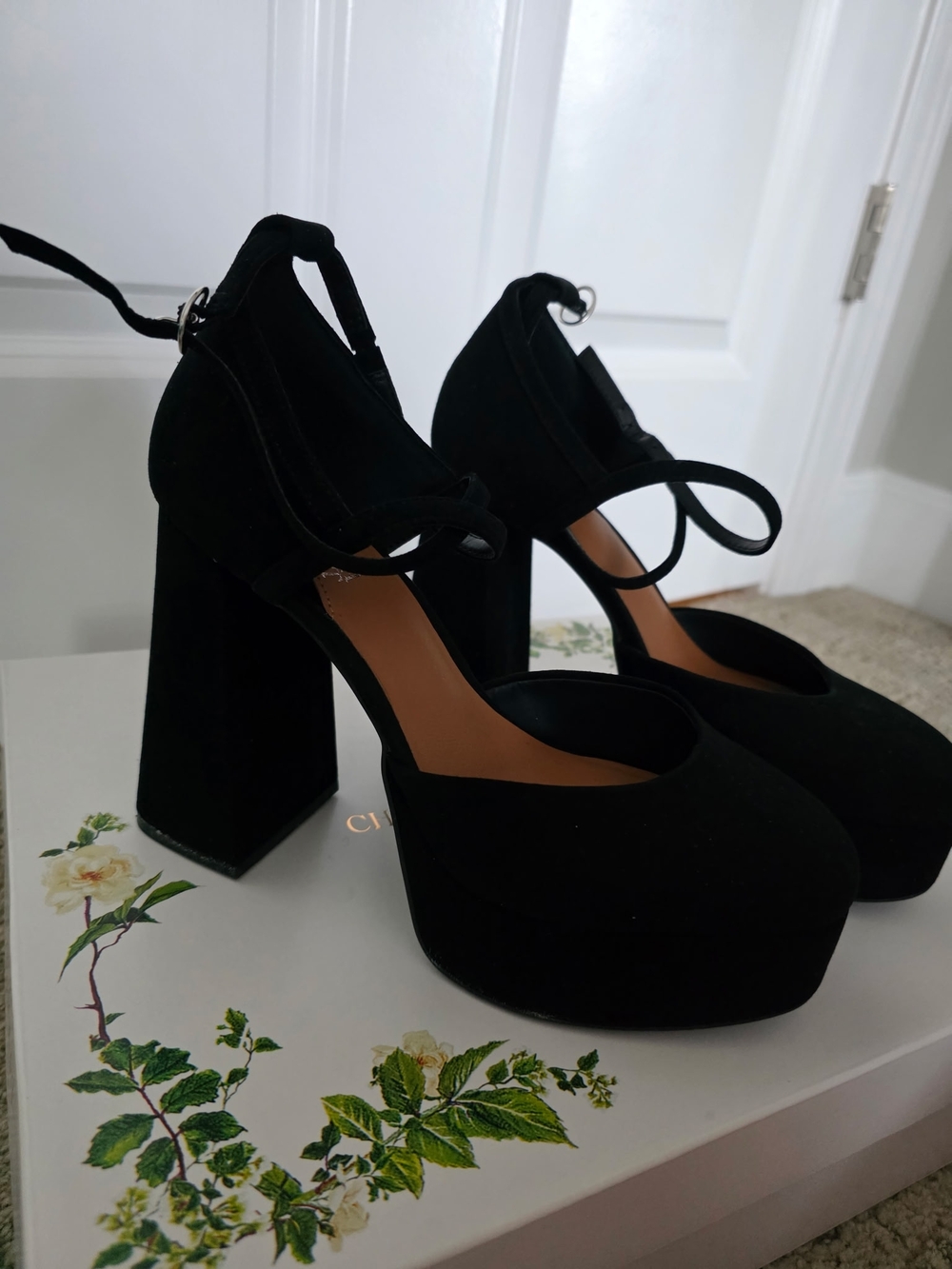 Chelsea & Violet Black Suede Platform Mary Jane Pumps with Ankle Strap